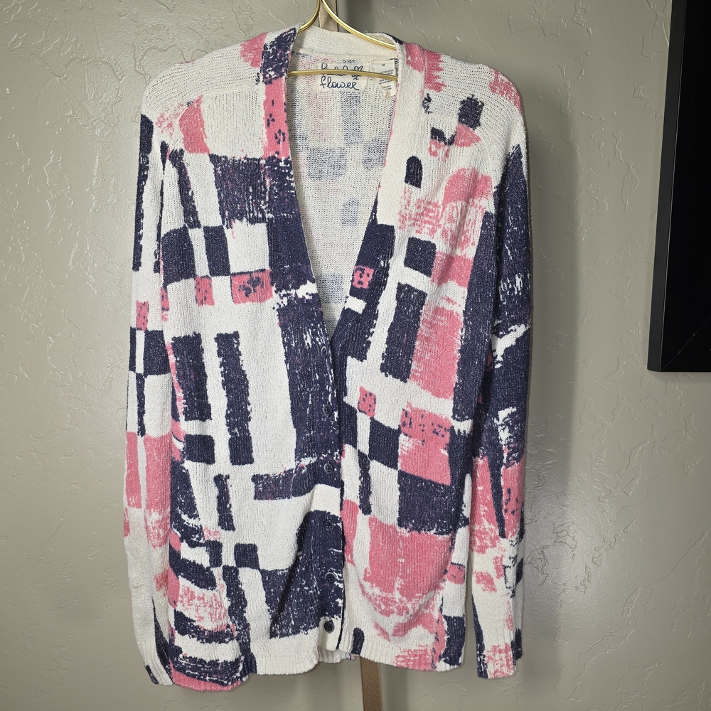 Anthropologie Fielel Flower Abstract Pink and Navy Cream Cardigan Medium